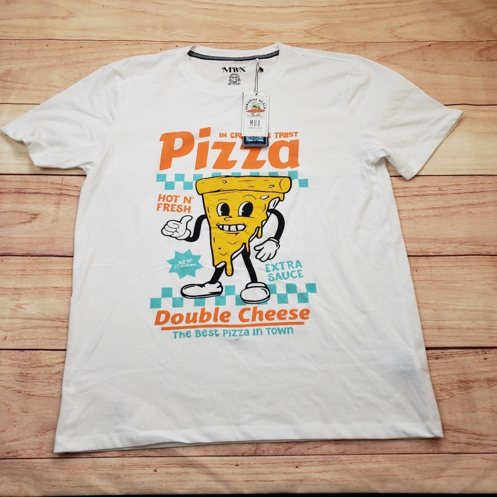 MBX Mens Pizza Graphic Tee XL White Retro In Crust We Trust‎ Double Cheese NEW